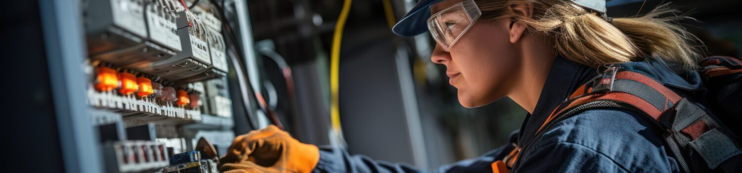 A commercial electrician at work on a fuse box, adorned in safety gear. Professional electrician A commercial electrician at work on a fuse box, adorned in safety gear. Professional electrician