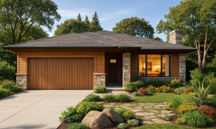"One-story 1099 sq ft Modern Prairie house plan with vaulted ceilings, three bedrooms, open living spaces, and compact footprint – Lumen MSAP-1099 by Mark Stewart Home Design."