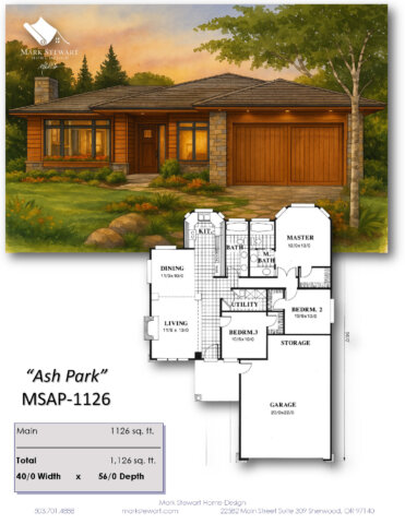 "Ash Park MSAP-1126 – 1126 sq ft one-story Modern Prairie house plan with 3 bedrooms, vaulted living spaces, efficient layout, and integrated garage storage."