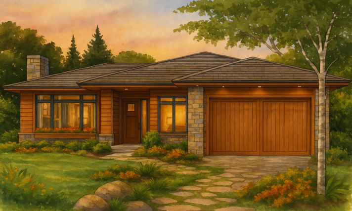 "Ash Park MSAP-1126 – 1126 sq ft one-story Modern Prairie house plan with 3 bedrooms, vaulted living spaces, efficient layout, and integrated garage storage."