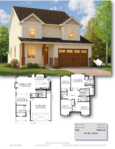 Photorealistic rendering of Desert Flower (M-1773-B), a two-story affordable New American house plan with four bedrooms, front porch, and board-and-batten siding.