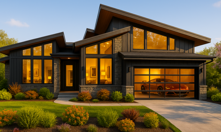 "Modern two-story home with dark charcoal siding, stone accents, and warm wood soffits, illuminated by glowing interior light during golden hour. The home features large black-framed windows, a glass-panel garage door revealing a red sports car inside, and is surrounded by lush, colorful landscaping and a clear blue sky."