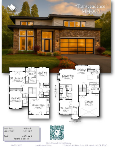 “Modern Multi-Generational House Plan – Transcendence MM-3071 with stone and glass exterior and four private suites.”
