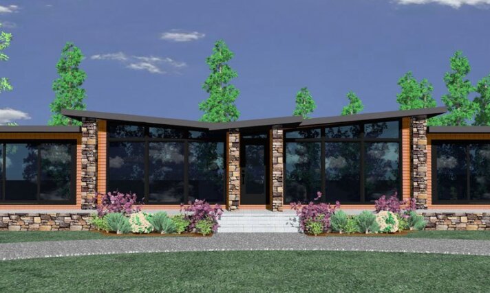 M-1020 PFM 3 House Plan rendering of Turning Point modern home design with darker window trim and symmetrical sloped rooflines emphasizing mid-century modern style."