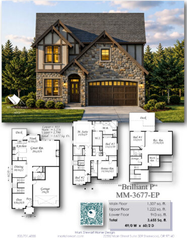 Modern Rustic Narrow Downhill Home Design - Brilliant P - M-3677-EP Summary Sheet with Floor plans and elevations