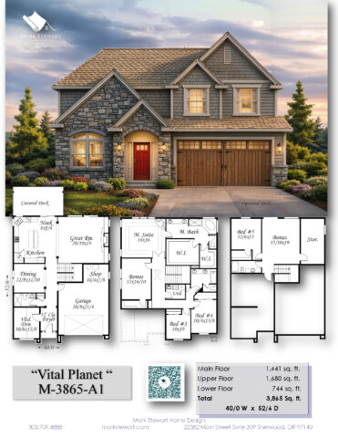 Downhill Narrow Modern Rustic Home design - Vital Planet - M-3865-A1 Summary Sheet with elevation and floor plans