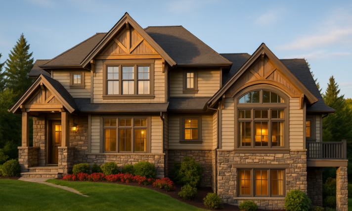 Front of Smith Rock House Plan with stone façade, steep rooflines, and traditional trim