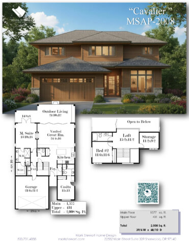 Composite Sheet: “Cavalier MSAP-2008 overview with front elevation and floor plans by Mark Stewart Home Design.”