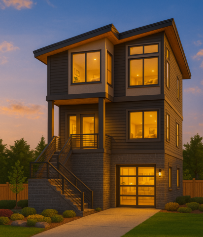 Front exterior view of Modern Industry Modern Three Story House Plan with shed roof and large windows