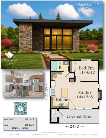 “Small Modern House Plan – Lombard Studio MM-744 with open living area, full kitchen, and private bedroom.”