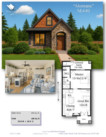 Tiny Lodge House Plan – Montana M-640 small rustic home with stone fireplace, open kitchen, and covered lanai.