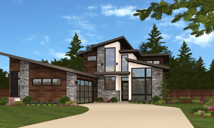 Modern Ridge- Best Selling Modern House Plan - L shaped - vaulted - main floor suite - MM-2434-TL