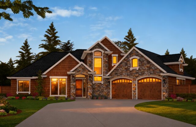 Modern-Storybook-House-Plan-Medina-X-16-C-front view dusk