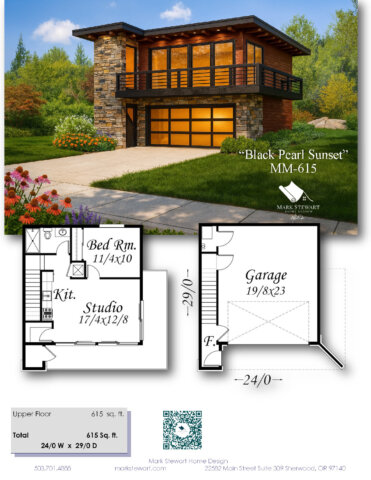 “Black Pearl Sunset — Small Modern House Plan with glass balcony, two-car garage, and contemporary stone exterior”