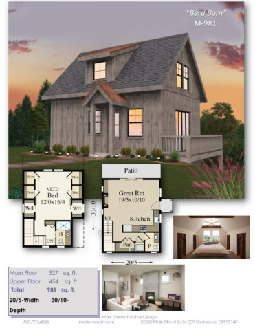 "Berd Barn House Plan M-981 rustic cabin-style version with natural wood siding, pitched roof, and barnhouse charm. Two-story compact home under 1000 square feet with spacious great room, walk-in pantry, vaulted bedroom suite, and efficient layout. Floor plan and interior views included."