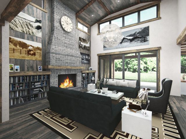 "Vaulted great room of the Cape May (MF-2238) Rustic Modern Farmhouse plan featuring a floor-to-ceiling brick fireplace, exposed timber ceiling beams, tall windows for natural light, built-in bookshelves, and cozy modern furniture arranged around a contemporary rug and coffee table."