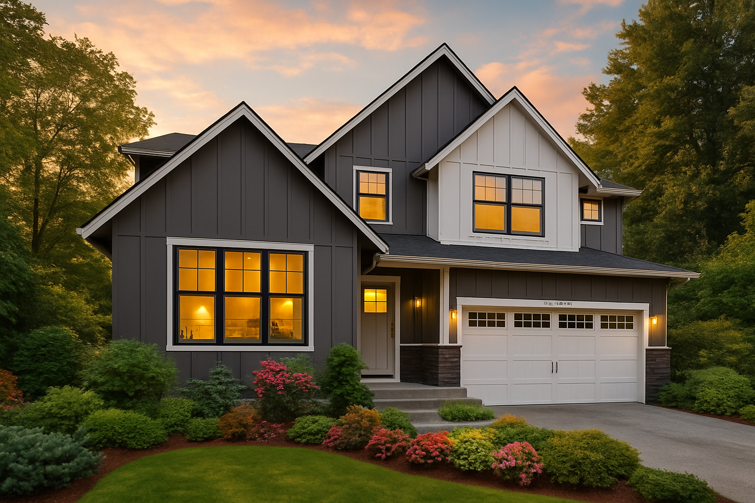 Photorealistic front view of the Austin house plan at sunset, showing warm interior lighting, modern farmhouse siding, a two-car garage, and lush landscaping.