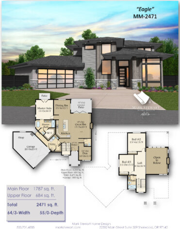 Modern Prairie house plan with 2,471 sq. ft., 3 bedrooms, a dramatic great room, main floor primary suite, den, loft, and seamless indoor-outdoor living.