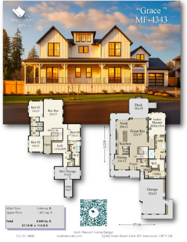 “Luxury Farmhouse Plan – Grace MF-4343 with wraparound porch and vaulted main suite in modern farmhouse style.”