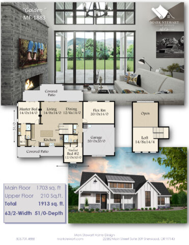 Golden (MF-1883) is a 1,913 sq. ft. Modern Farmhouse plan with a main floor primary suite, vaulted great room, flex room, and loft. A bright, flexible design that balances comfort and timeless farmhouse charm.