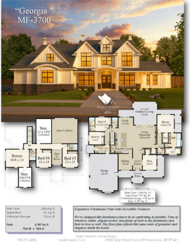 Front exterior of Georgia (MF-3700), a Best Selling Modern Farmhouse Plan with five bedrooms, a vaulted great room, and covered outdoor living.
