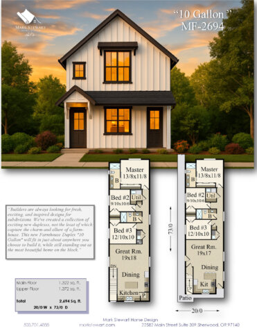 Best Selling Duplex Plan – 10 Gallon MF-2694 Modern Farmhouse duplex with three bedrooms per unit and open concept design.