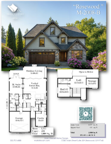 Casita Family House Plan – Rosewood M-2008-B exterior with stone, wood, vaulted great room, and private guest casita.”
