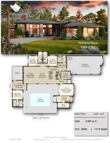 Modern single-story house plan with pool and expansive outdoor living, Almond Roca MM-3287 by Mark Stewart Home Design.
