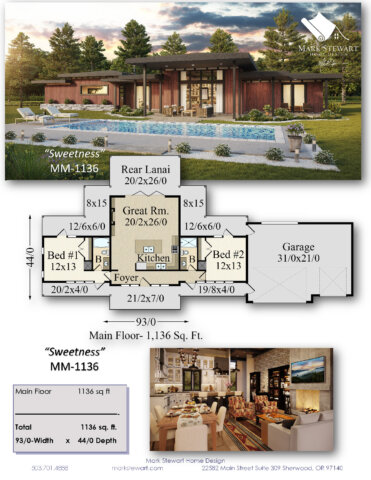 "Sweetness MM-1136 – 1,136 sq ft one-story modern Prairie house plan with symmetrical bedrooms, vaulted great room, expansive rear lanai, open kitchen, and stylish interior and exterior renderings."