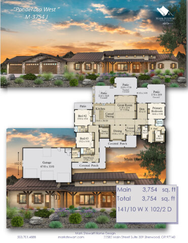 Front elevation of Ponderosa West, a luxury one-story Modern Rustic Farmhouse with timber details, metal roofing, and wide 3-car garage.