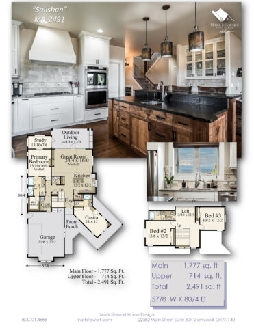“Salishan house plan with Rustic Multi-Generational Architecture, lodge styling, vaulted window wall, stone accents, and covered outdoor living.”