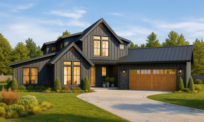 "Pendleton Country House Plan with Iron Ore siding, wood garage door, and black metal roof in daylight."
