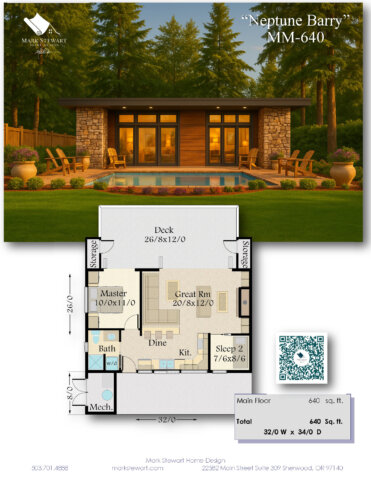 Front Rendering and Floor Plan -Neptune Barry – modern small house plan with natural wood, stone, and full-height windows.”
