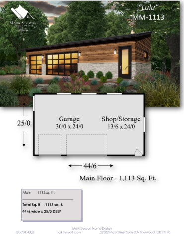 "Modern shed roof 3-car garage with shop – MM-1113 by Mark Stewart Home Design, featuring cedar siding, stone accents, glass garage doors, and lush landscaping."