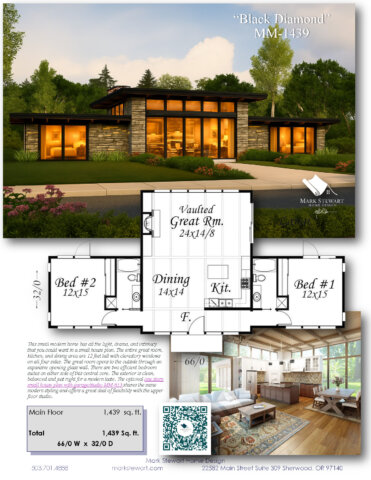 Small Modern Home – Black Diamond MM-1439 with stone and glass façade, warm lighting, and low-sloped roofline.