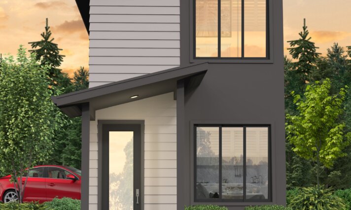 "Arrow MM-1163 front exterior rendering of a skinny two-story modern house with shed roof, large vertical windows, mixed siding materials, and covered front entry—designed for narrow lot and affordable construction."