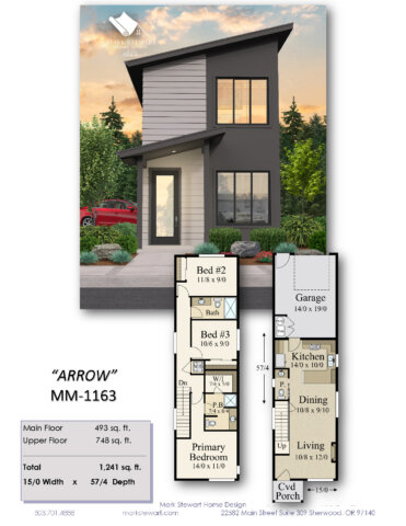 "Arrow MM-1163 narrow modern two-story house plan floor plan layout with 3 bedrooms, rear garage, open-concept main floor, and modern shed roof architecture—ideal for narrow lot construction."