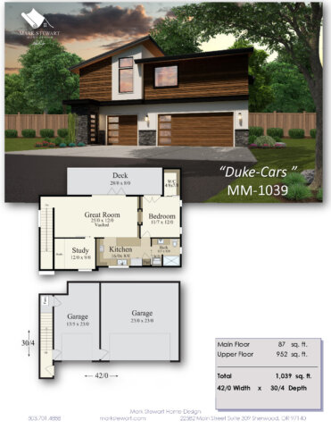 "Duke-Cars MM-1039 house plan specifications including 1,039 total square feet, 42-foot width, 30-foot depth, and a layout that includes 952 square feet of upper-level living space above a three-car garage."
