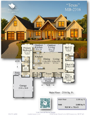 “Texas MB-2316 – Open Concept Ranch House Plan with vaulted ceilings, outdoor kitchen, and modern farmhouse style exterior”