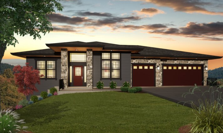 A MODERN PRAIRIE DOWNHILL HOUSE PLAN BIG SKY PLAN #MSAP-3852 FRONT VIEW