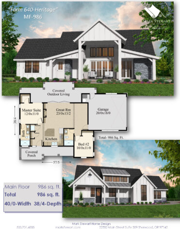 Farm 640 – Heritage (MF-986) one story modern farmhouse floor plan PDF. Includes two bedrooms, two bathrooms, vaulted great room, spacious kitchen with island, covered front porch, and dramatic rear covered outdoor living area. 986 square feet of affordable, right-sized living with cottage charm and rustic farmhouse style. Ideal for ADUs, small lot builds, vacation homes, or primary residences under 1000 sq. ft.