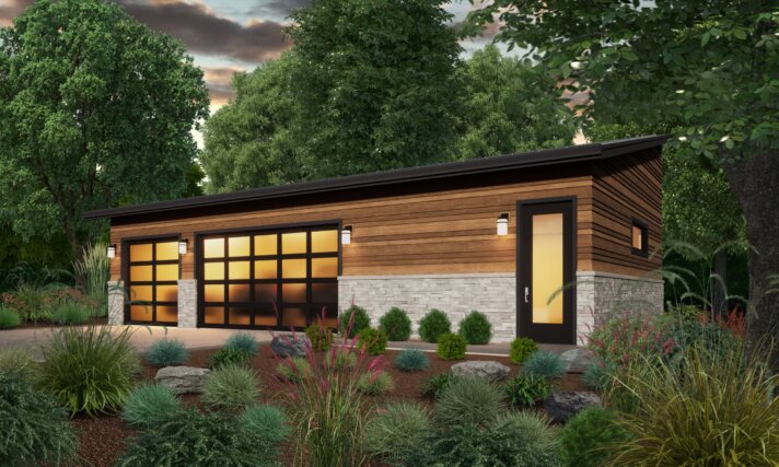 MM-1113 MODERN THREE CAR GARAGE WITH SHOP HOUSE PLAN - LULU FRONT VIEW