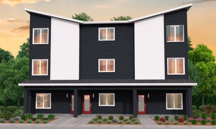 MM-4630-3 MODERN SHED ROOF 3 STORY TRI-PLEX HOUSE PLAN - MM-4630 FRONT VIEW