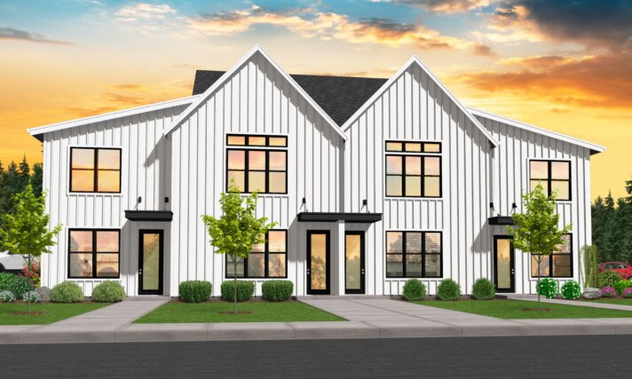 MF-5560 MODERN FARMHOUSE REAR GARAGE FOURPLEX HOUSE PLAN FRONT VIEW
