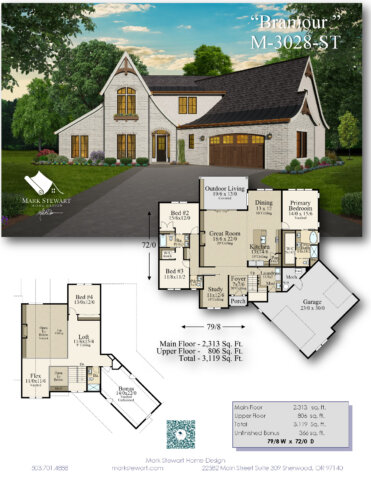 Presentation sheet for the Modern Storybook House Plan Bramour M-3028-ST showing the exterior rendering, room layout diagrams, and plan highlights.