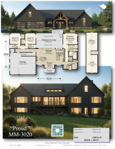 "Proud" MM-3020 modern farmhouse house plan overview showing front elevation and full floor plan layout.