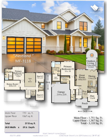 Front exterior of Westland (MF-3118), a two-story Multi-Generational Modern Farmhouse with two primary suites and open living spaces.
