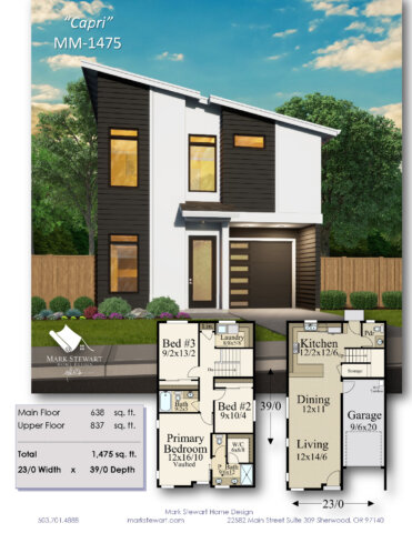 Full-color summary sheet of Capri (MM-1475) featuring exterior rendering, floor plans, dimensions, and room labels.