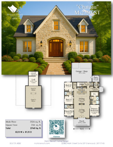 French Country house plan with 2,760 sq. ft., vaulted great room, main floor primary suite, loft, flexible guest/den, and seamless indoor-outdoor living.