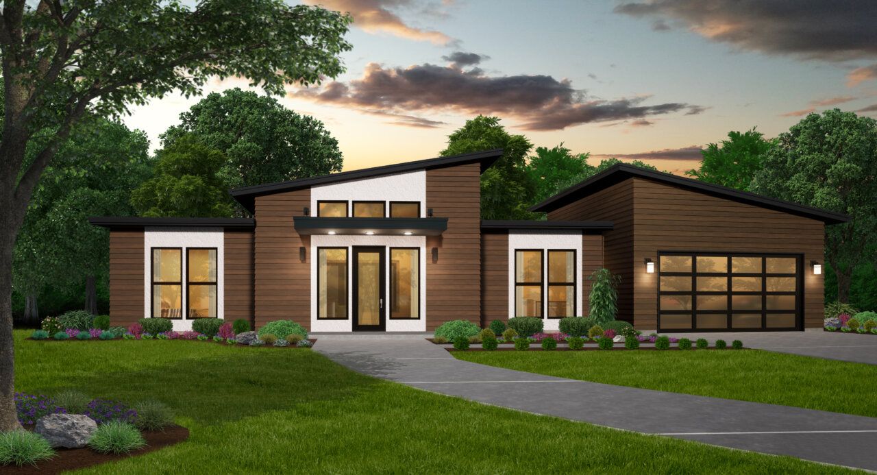 DWELL - ONE STORY MODERN SHED ROOF HOME DESIGN - MM-1718-G